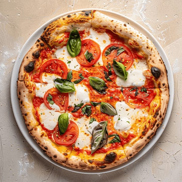 A Little Pizza Heaven's Margherita pizza, topped with fresh tomatoes, mozzarella, and basil.