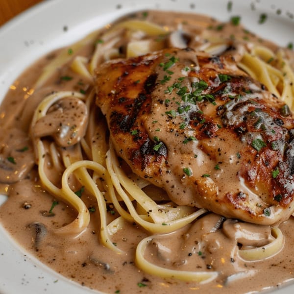 Grilled chicken breast over linguine pasta with creamy mushroom sauce, garnished with parsley.